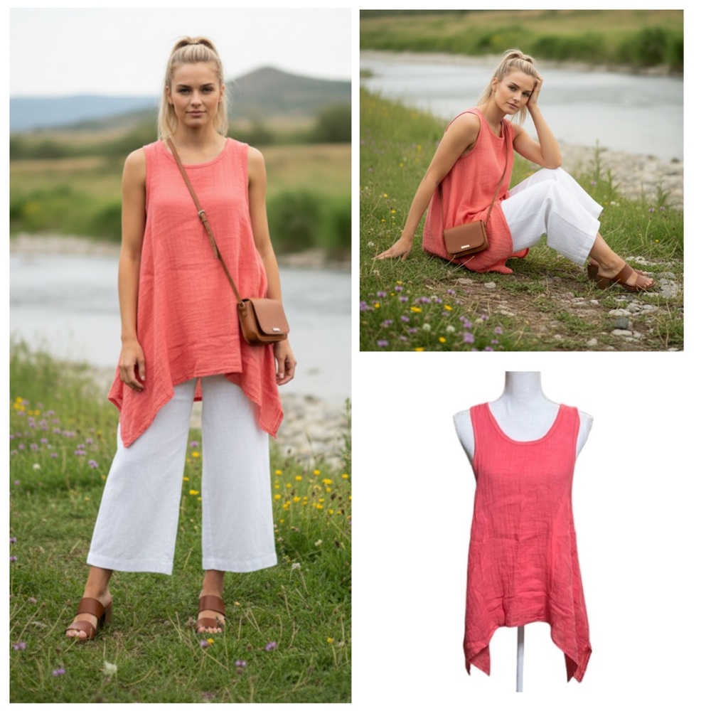 Fresh Laundry Linen Top Tank Coral With Handkerchief cut hem Size Large NWT